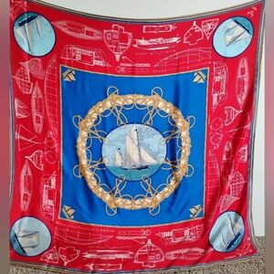 Liz Claiborne Nautical Scarf Vintage Red White Blue Sailing Boating Coastal 35"